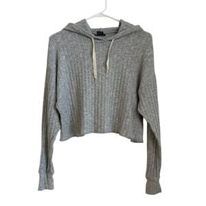 Out From Under Cropped Ribbed Hoodie Light Gray Pullover, Women's Size Small